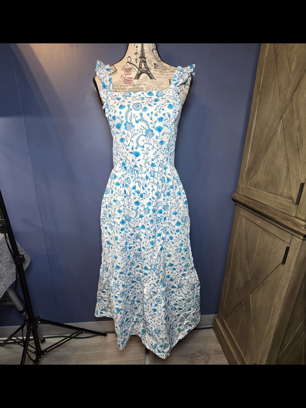 Draper James Blue White Floral Midi Dress Women's S Square Neck Ruffle Cottage